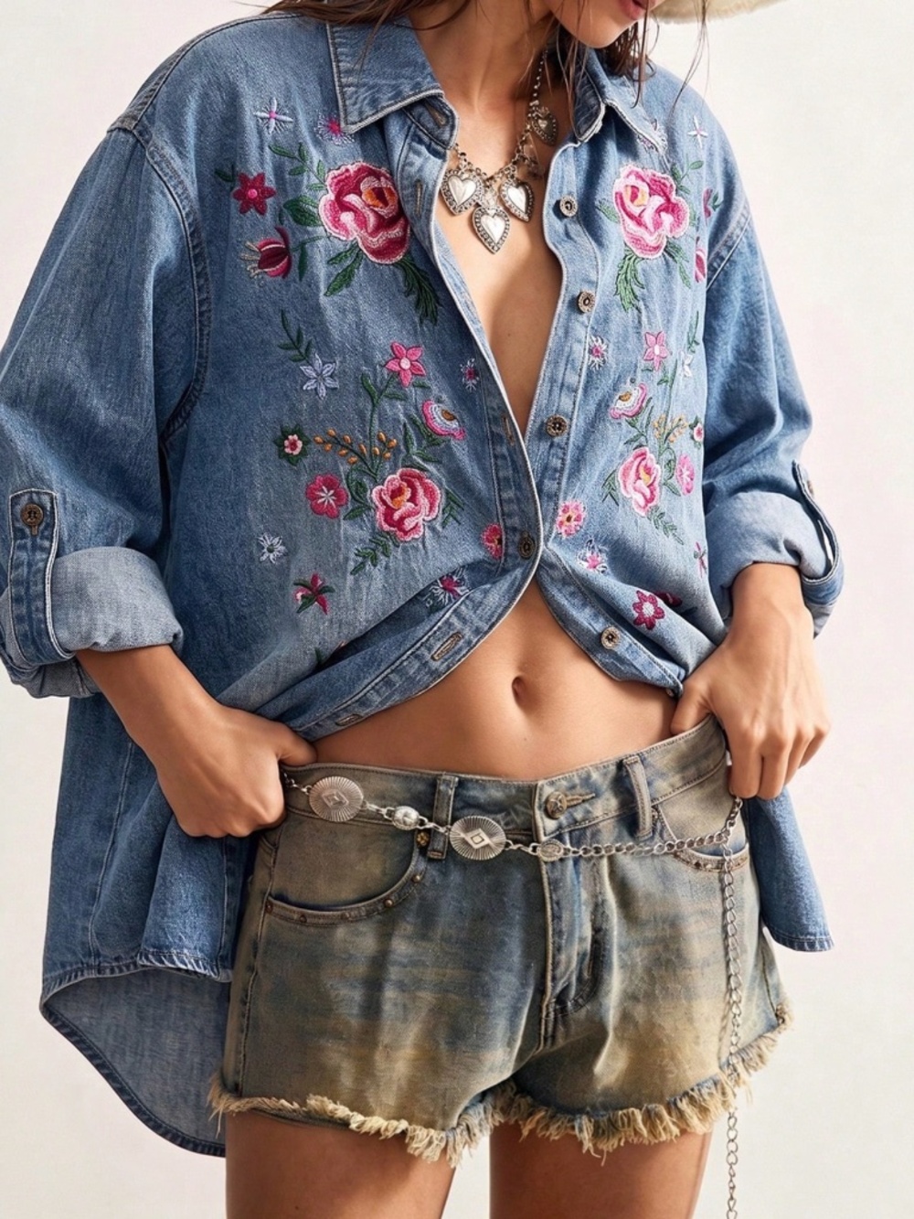 Western Floral Embroidered Button Down Loose Fit Shirt